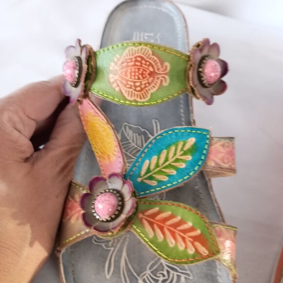 Spring Step L’Artiste Pillow Sandal Gray 38 Hand Painted Leather Wedge NEW - Picture 7 of 12